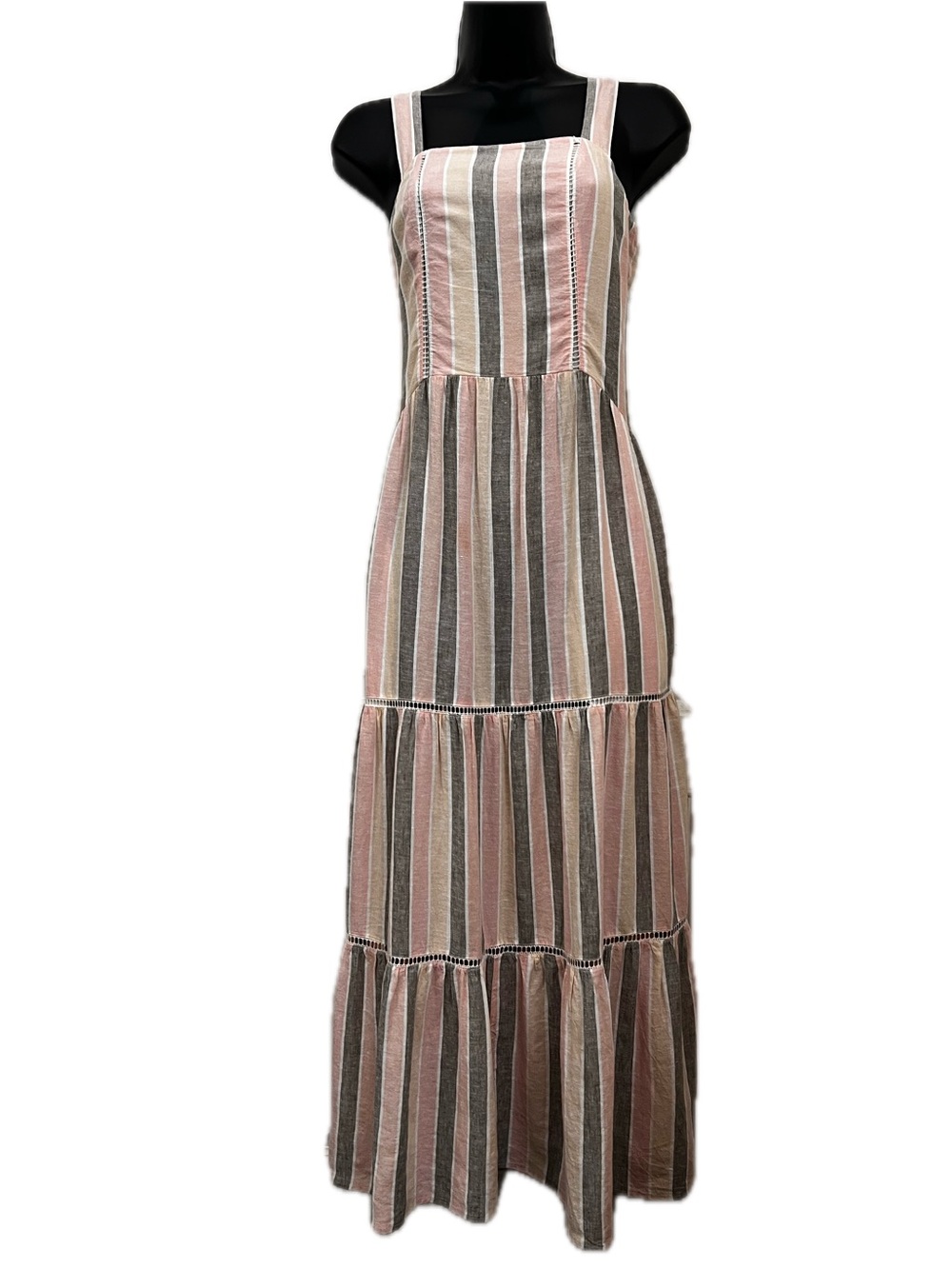 Caslon Pink Gray Stripe Linen Blend Tiered Maxi Dress Small - Picture 2 of 13